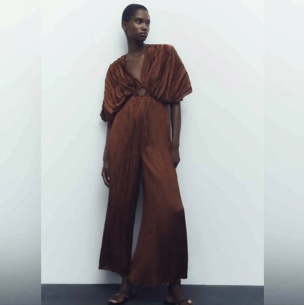 BNWOT Zara Pleated Jumpsuit Brown Satin Effect